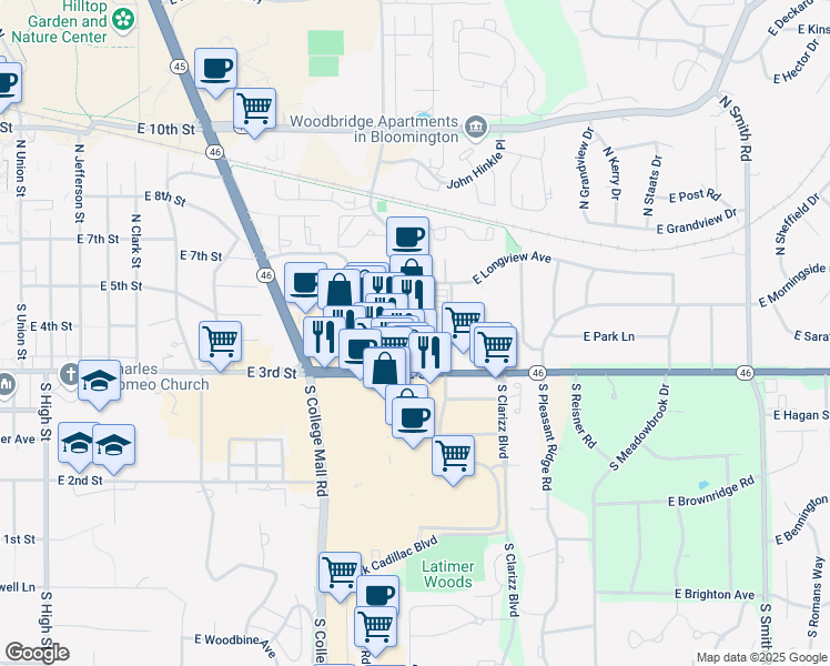 map of restaurants, bars, coffee shops, grocery stores, and more near 223 South Pete Ellis Drive in Bloomington