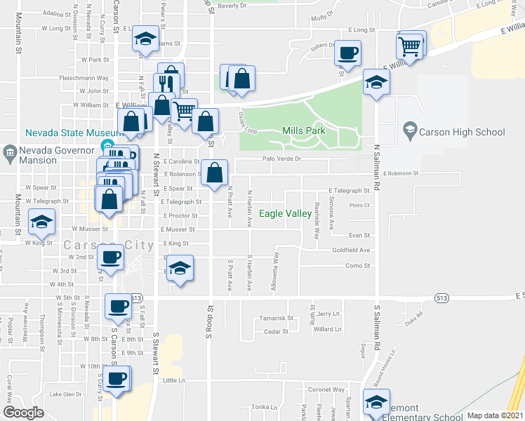 map of restaurants, bars, coffee shops, grocery stores, and more near 1007 East Telegraph Street in Carson City