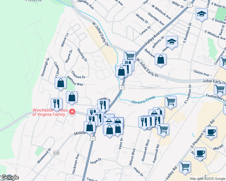 map of restaurants, bars, coffee shops, grocery stores, and more near 2011 Valley Avenue in Winchester