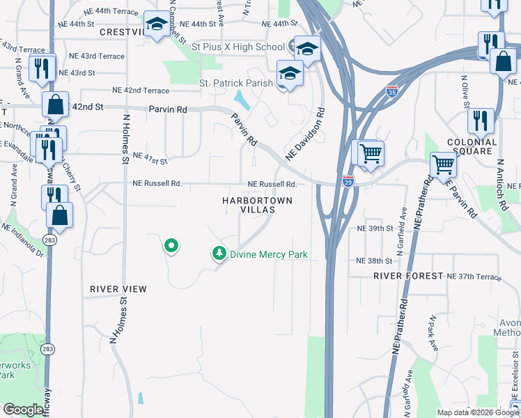 map of restaurants, bars, coffee shops, grocery stores, and more near 1321a Northeast 39th Street in Kansas City