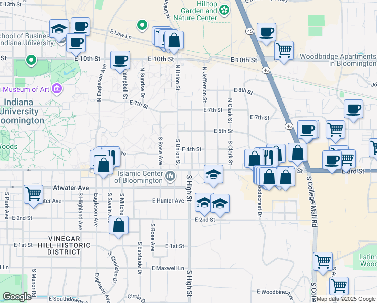 map of restaurants, bars, coffee shops, grocery stores, and more near 200 South Bryan Avenue in Bloomington