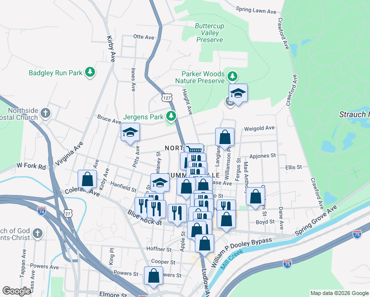 map of restaurants, bars, coffee shops, grocery stores, and more near Hamilton Ave & Pullan Ave in Cincinnati