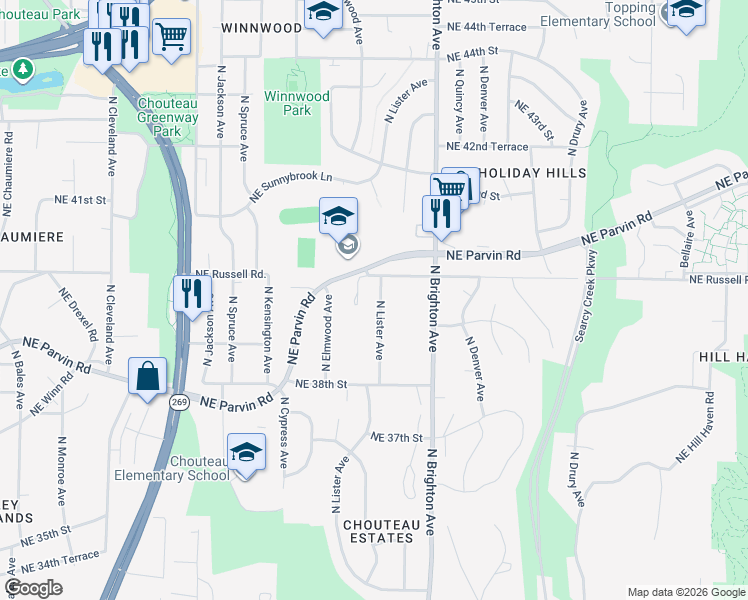 map of restaurants, bars, coffee shops, grocery stores, and more near 3932 North Lister Avenue in Kansas City