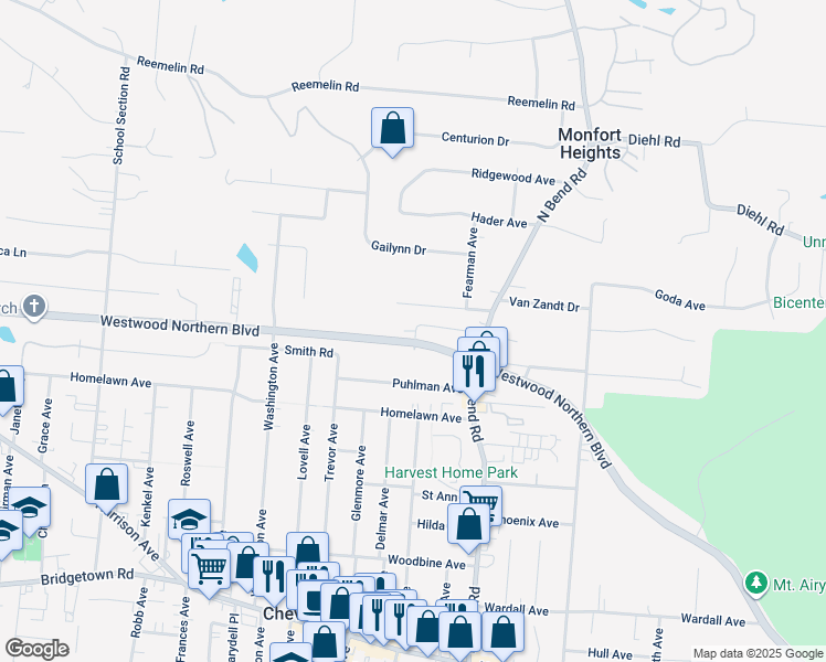 map of restaurants, bars, coffee shops, grocery stores, and more near 3640 Westwood Northern Boulevard in Cheviot