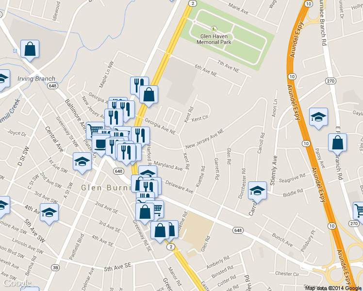 map of restaurants, bars, coffee shops, grocery stores, and more near 330 New Jersey Avenue Northeast in Glen Burnie