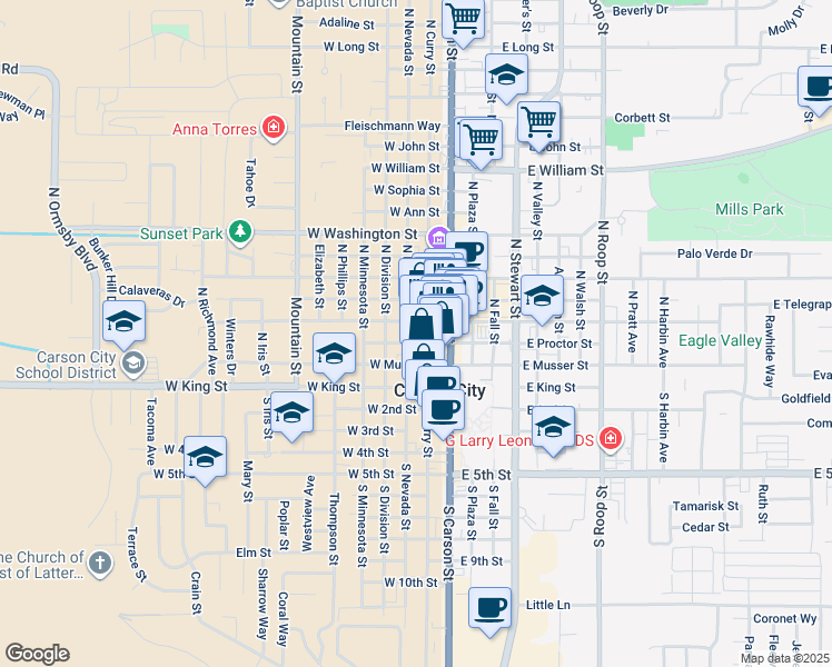 map of restaurants, bars, coffee shops, grocery stores, and more near 220 North Nevada Street in Carson City