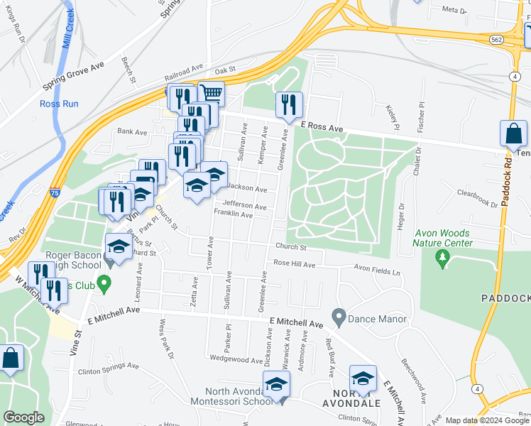 map of restaurants, bars, coffee shops, grocery stores, and more near 4426 Kemper Avenue in Cincinnati
