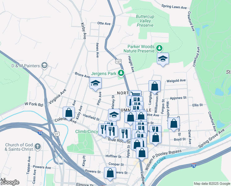 map of restaurants, bars, coffee shops, grocery stores, and more near 1641 Pullan Avenue in Cincinnati