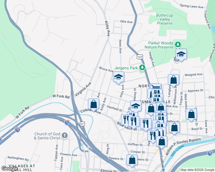 map of restaurants, bars, coffee shops, grocery stores, and more near 4211 Kirby Avenue in Cincinnati