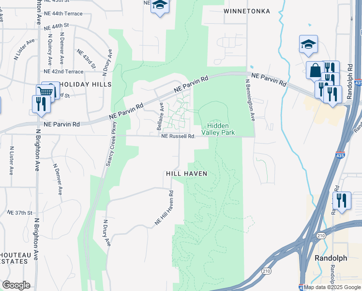 map of restaurants, bars, coffee shops, grocery stores, and more near 3919 Northeast Hill Haven Road in Kansas City