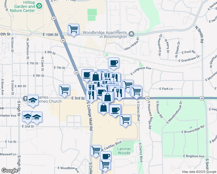 map of restaurants, bars, coffee shops, grocery stores, and more near 223 South Pete Ellis Drive in Bloomington