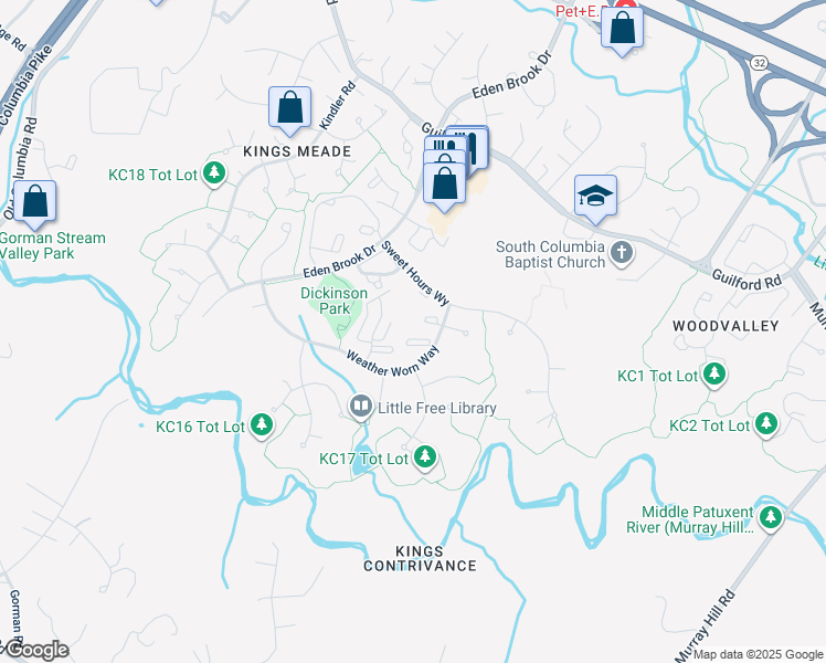map of restaurants, bars, coffee shops, grocery stores, and more near 7601 Weather Worn Way in Columbia