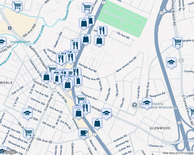 map of restaurants, bars, coffee shops, grocery stores, and more near 330 New Jersey Avenue Northeast in Glen Burnie