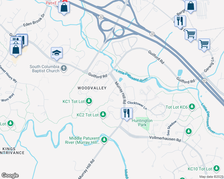 map of restaurants, bars, coffee shops, grocery stores, and more near 7518 Rain Flower Way in Columbia