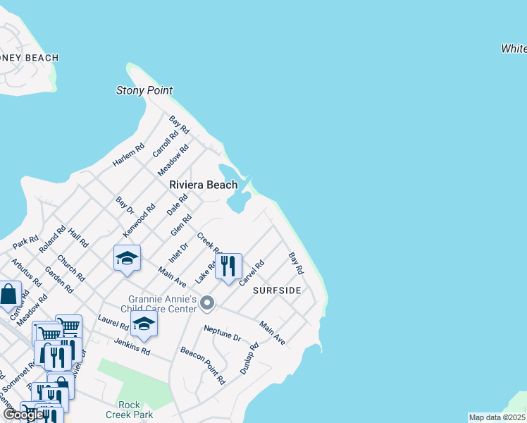 map of restaurants, bars, coffee shops, grocery stores, and more near Bay Road in Anne Arundel County
