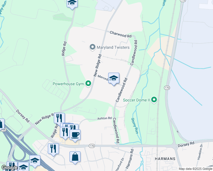 map of restaurants, bars, coffee shops, grocery stores, and more near 1321 Mercedes Drive in Hanover