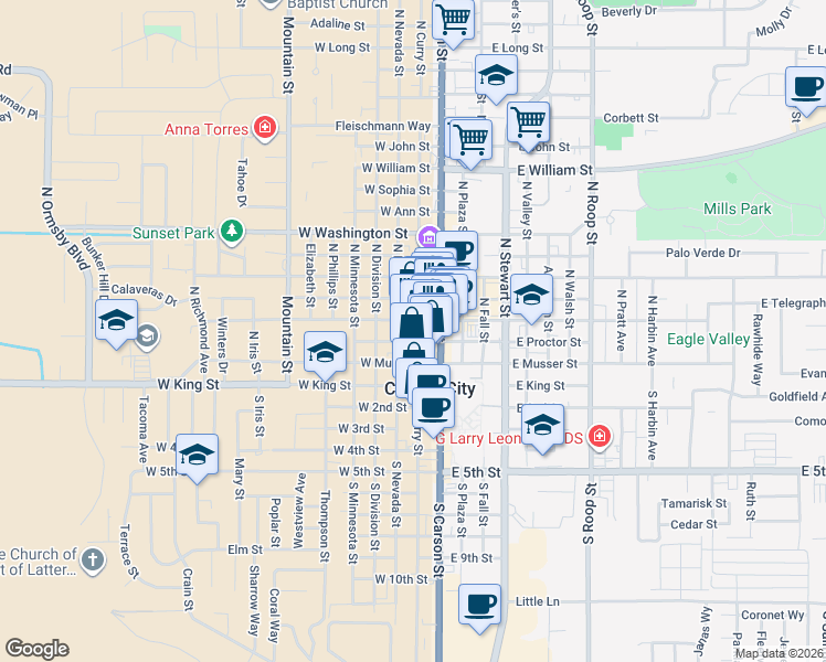 map of restaurants, bars, coffee shops, grocery stores, and more near 210 North Carson Street in Carson City