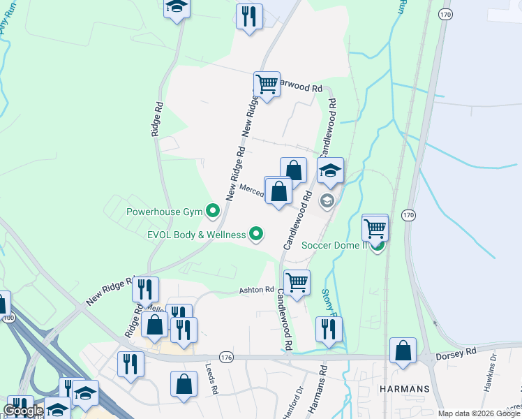 map of restaurants, bars, coffee shops, grocery stores, and more near 1321 Mercedes Dr in Anne Arundel