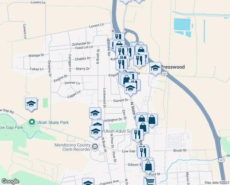 map of restaurants, bars, coffee shops, grocery stores, and more near 246 Garrett Drive in Ukiah