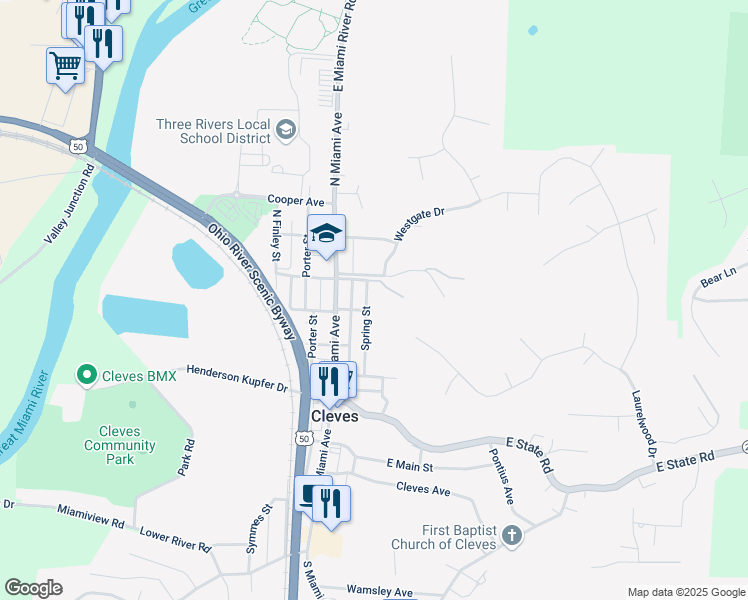map of restaurants, bars, coffee shops, grocery stores, and more near 256 Spring Street in Cleves