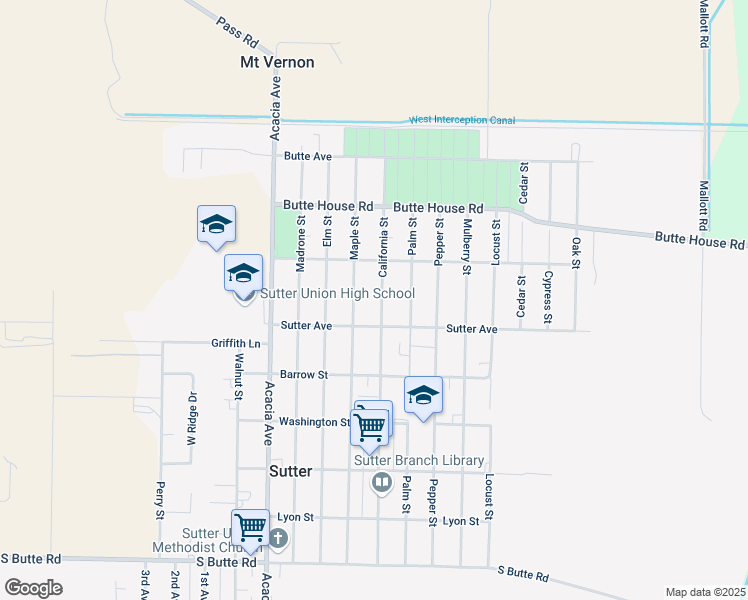 map of restaurants, bars, coffee shops, grocery stores, and more near 2560 California Street in Sutter