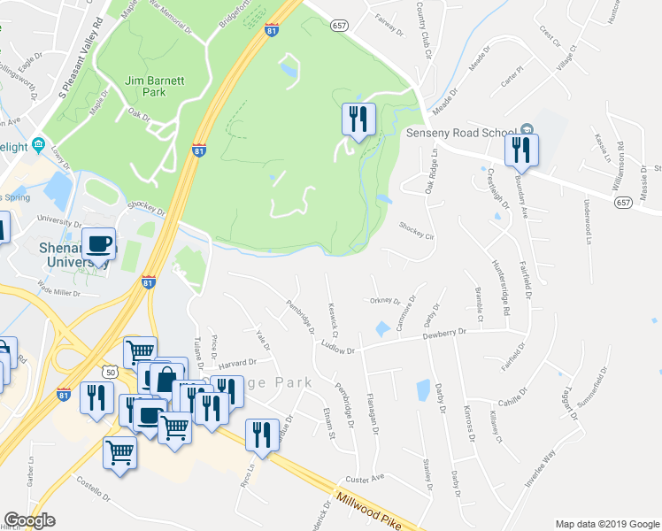 map of restaurants, bars, coffee shops, grocery stores, and more near 126 Keswick Court in Winchester