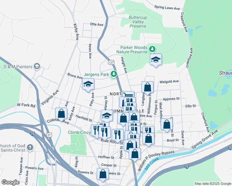 map of restaurants, bars, coffee shops, grocery stores, and more near 1616 Pullan Avenue in Cincinnati