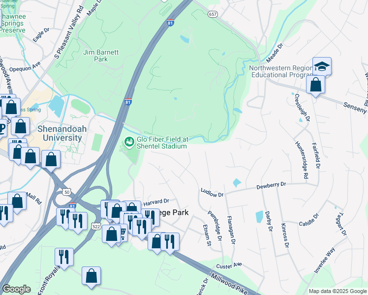 map of restaurants, bars, coffee shops, grocery stores, and more near 115 Margate Court in Winchester