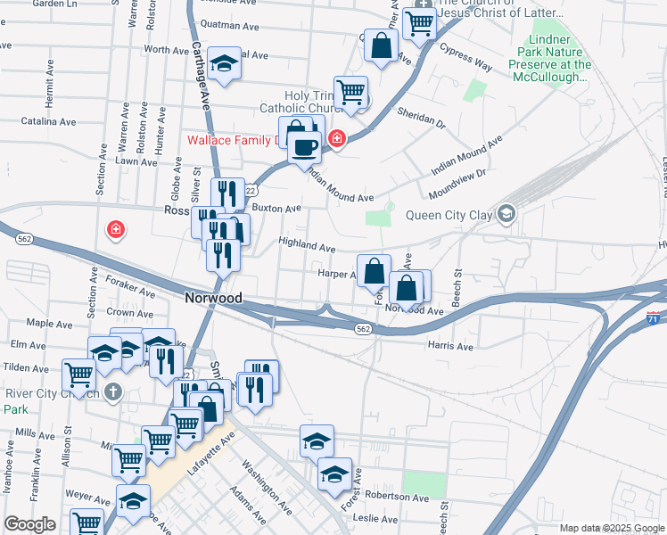 map of restaurants, bars, coffee shops, grocery stores, and more near 4918 Ash Street in Cincinnati