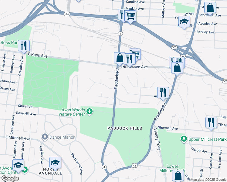 map of restaurants, bars, coffee shops, grocery stores, and more near 4520 Paddock Road in Cincinnati