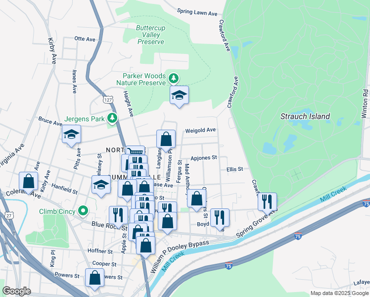 map of restaurants, bars, coffee shops, grocery stores, and more near 1428 Apjones Street in Cincinnati