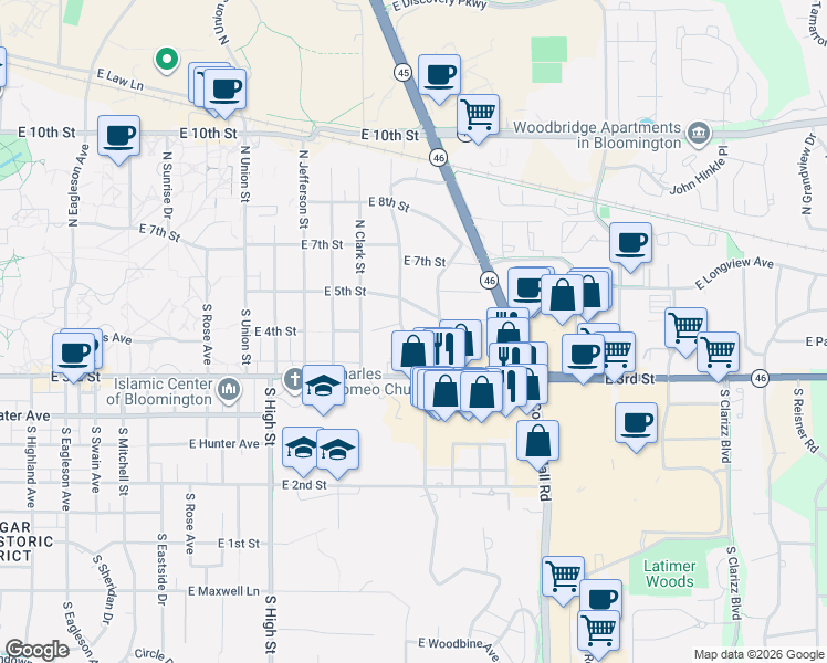 map of restaurants, bars, coffee shops, grocery stores, and more near 230 South Hillsdale Court in Bloomington