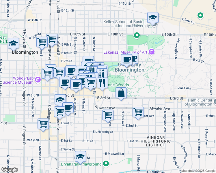 map of restaurants, bars, coffee shops, grocery stores, and more near in Bloomington
