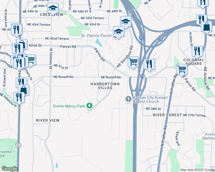 map of restaurants, bars, coffee shops, grocery stores, and more near 1339 Northeast 39th Street in Kansas City