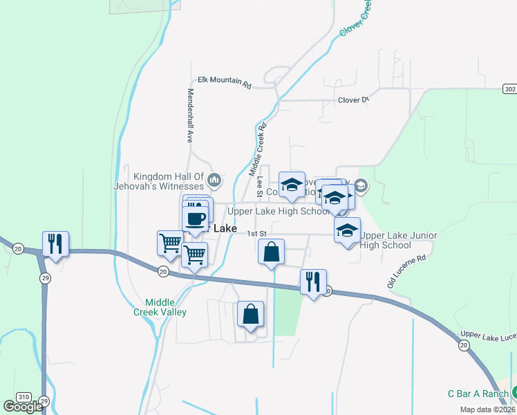map of restaurants, bars, coffee shops, grocery stores, and more near 9584 Rice Street in Upper Lake