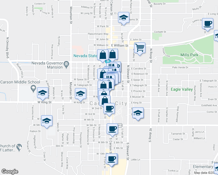 map of restaurants, bars, coffee shops, grocery stores, and more near in Carson City