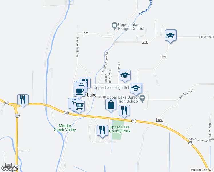 map of restaurants, bars, coffee shops, grocery stores, and more near 9584 Rice Street in Upper Lake