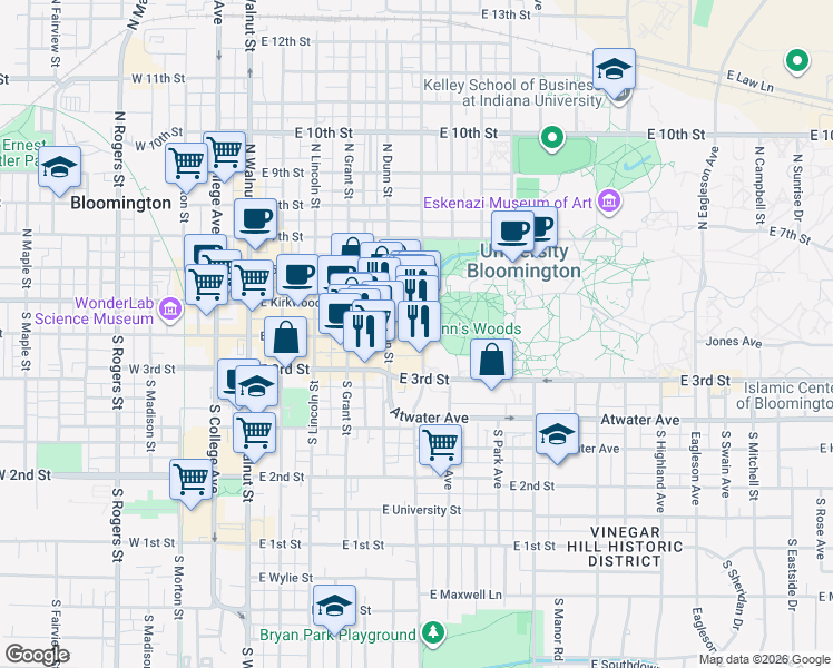 map of restaurants, bars, coffee shops, grocery stores, and more near 525 East 4th Street in Bloomington