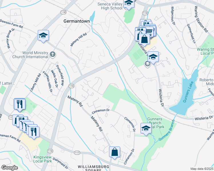 map of restaurants, bars, coffee shops, grocery stores, and more near 12871 Climbing Ivy Drive in Germantown