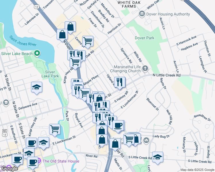map of restaurants, bars, coffee shops, grocery stores, and more near 31 Greenhill Avenue in Dover