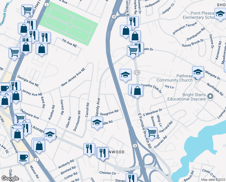 map of restaurants, bars, coffee shops, grocery stores, and more near 340 Stiemly Avenue in Glen Burnie