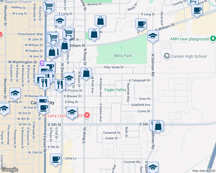 map of restaurants, bars, coffee shops, grocery stores, and more near 1109 East Telegraph Street in Carson City