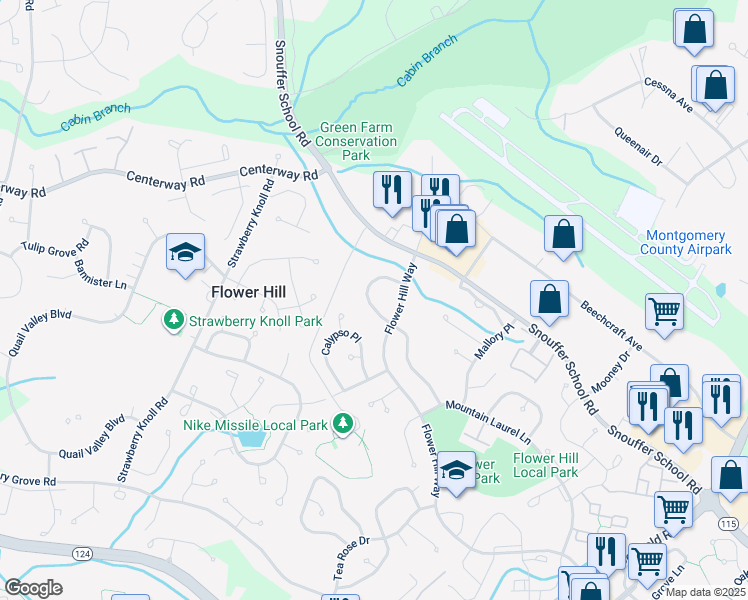 map of restaurants, bars, coffee shops, grocery stores, and more near 18717 Blue Violet Lane in Gaithersburg
