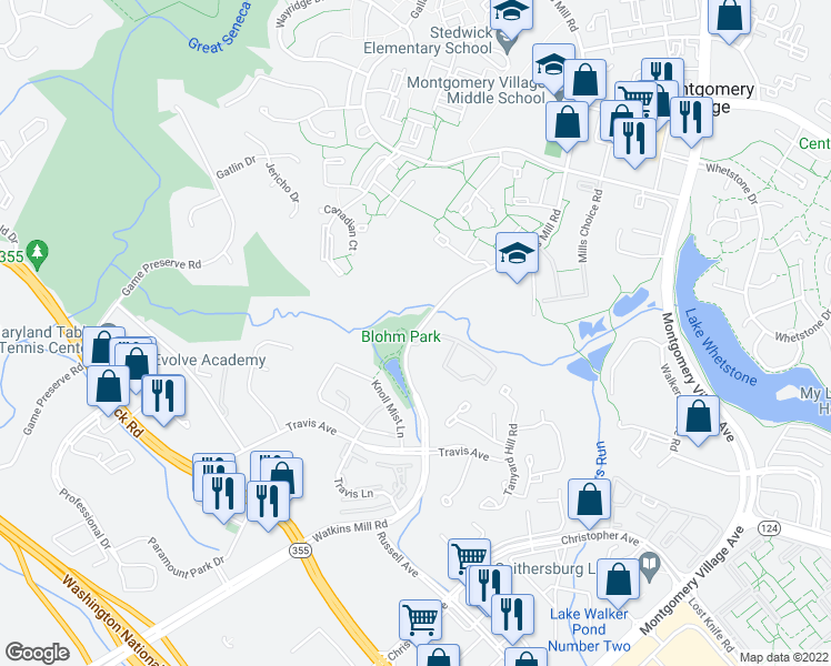 map of restaurants, bars, coffee shops, grocery stores, and more near Watkins Mill Road in Montgomery County