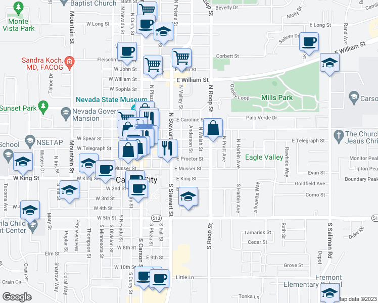 map of restaurants, bars, coffee shops, grocery stores, and more near 322 Anderson Street in Carson City