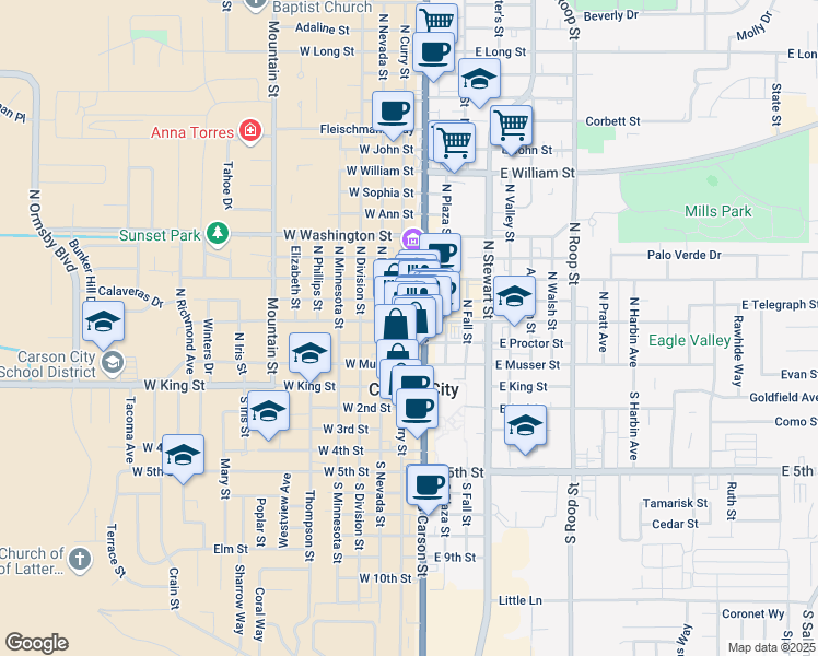 map of restaurants, bars, coffee shops, grocery stores, and more near in Carson City