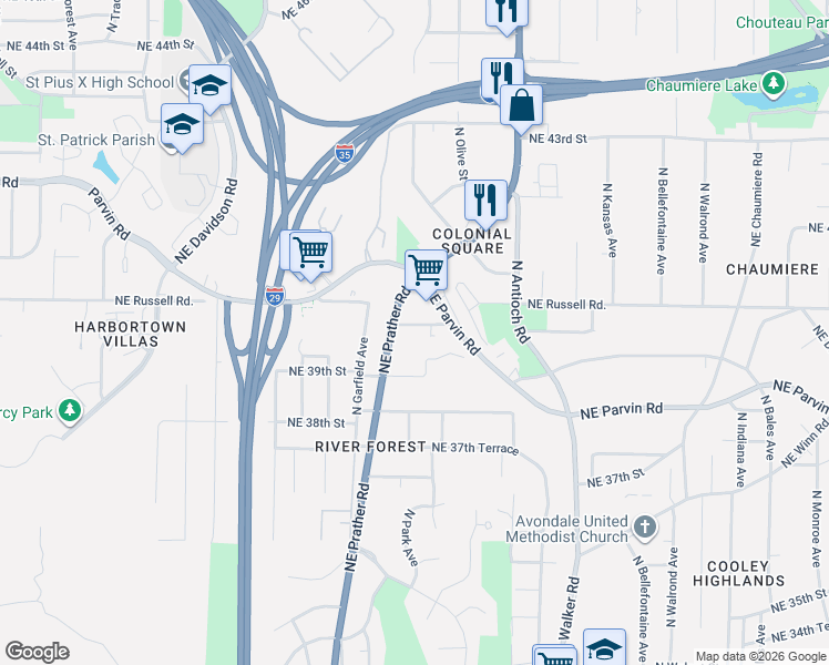map of restaurants, bars, coffee shops, grocery stores, and more near 3908 Northeast Mid Oaks Road in Kansas City