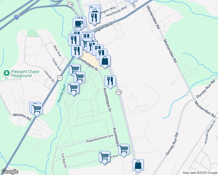 map of restaurants, bars, coffee shops, grocery stores, and more near 7541 Assateague Drive in Jessup