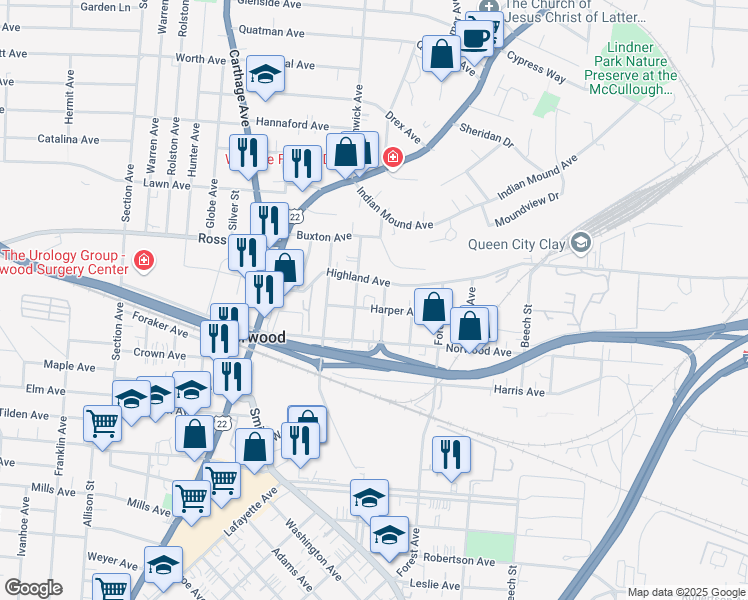 map of restaurants, bars, coffee shops, grocery stores, and more near 4918 Ash Street in Cincinnati