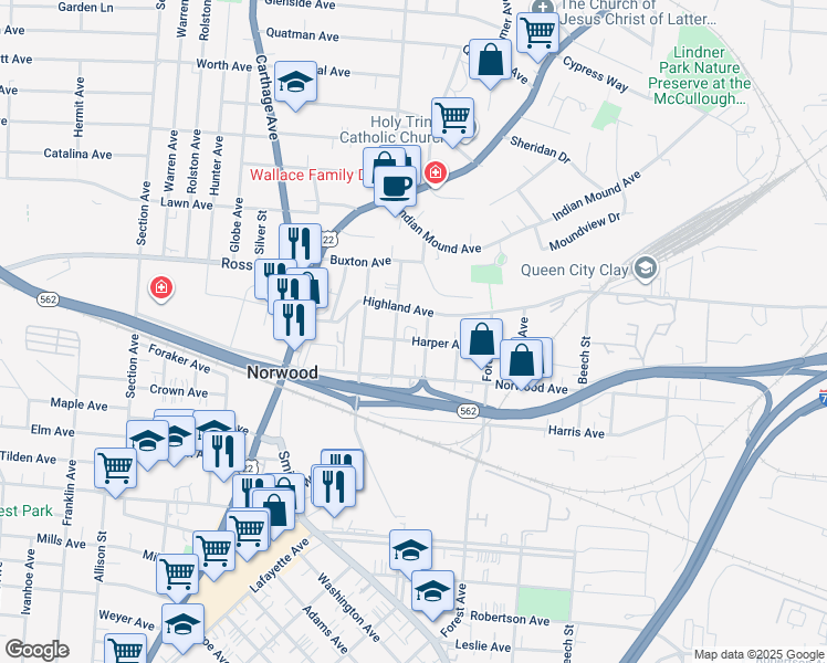 map of restaurants, bars, coffee shops, grocery stores, and more near 4918 Ash Street in Cincinnati
